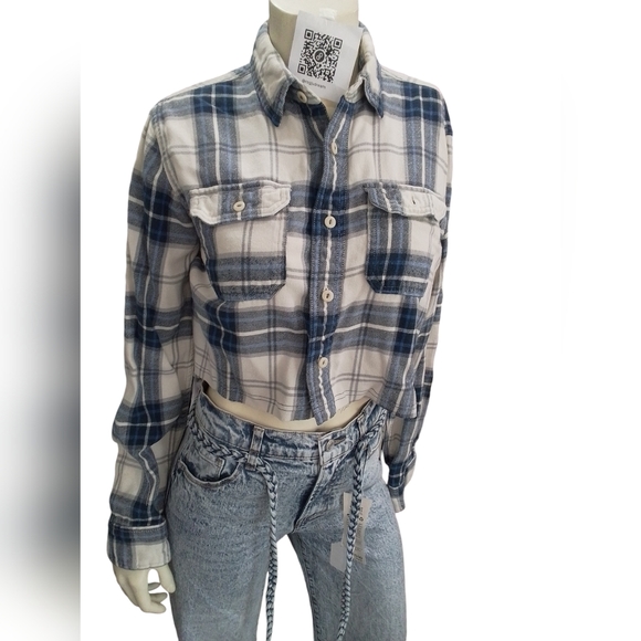 American Eagle UPCYCLED Plaid Button down Crop Top - Picture 1 of 12